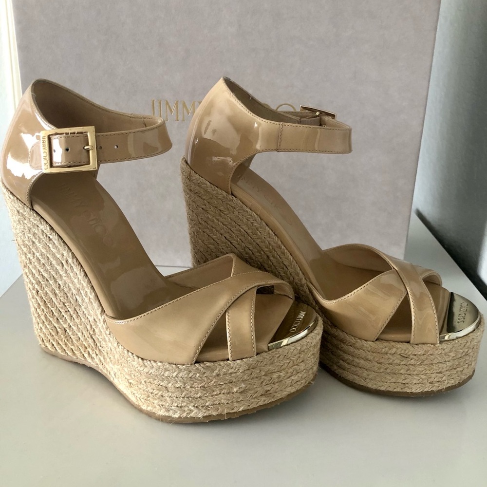 Jimmy Choo Pallis Wedge Sandals Espadrilles size 5 (35) beige/tan